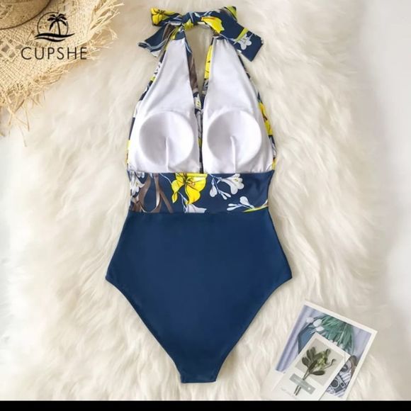 Navy floral deep v-neck backless women monokini one-piece sexy halter #16 - Picture 4 of 9